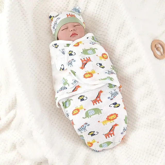Solid cotton baby swaddle blanket with matching eared hat for infants in Canada.