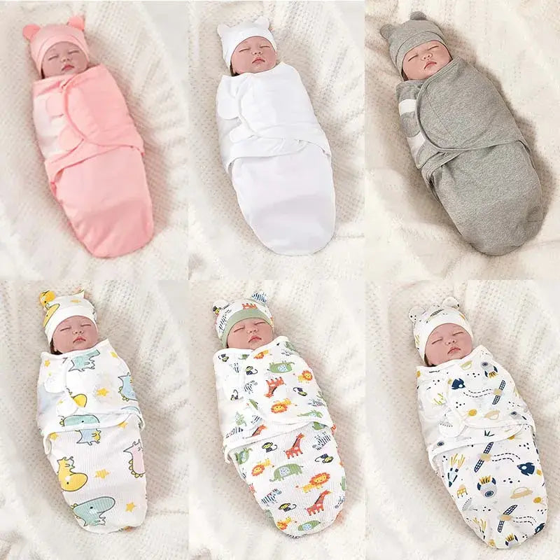 Cotton swaddle blanket with hat for newborns, promoting comfort and sleep in the USA.